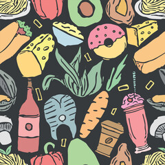Seamless food pattern. Drawn food background