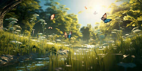 Fototapeta na wymiar summer forest glade with flowering grass and butterflies on a sunny day.