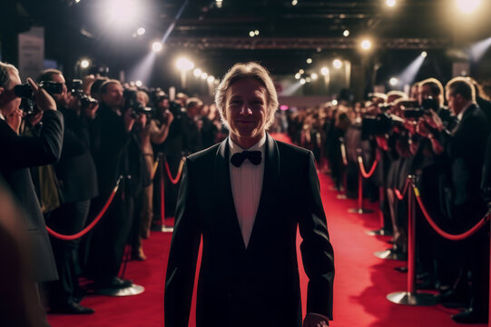 A glamourous celebrity posing for paparazzi pictures on the red carpet at an awards show. Generative AI