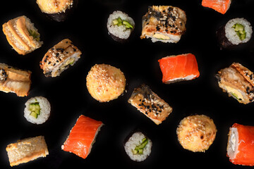 Assorted sushi roll. A variety of Japanese sushi with tuna, crab, salmon, eel and rolls.