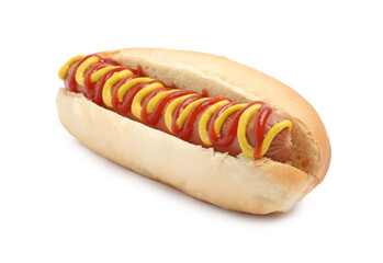 Delicious hot dog with mustard and ketchup on white background