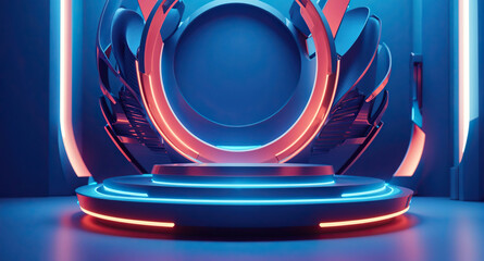 Futuristic Podium for Presentation, 3d render of a red and blue background, Generative Ai.