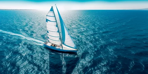 Poster Regatta of sailing ships with white sails on the high seas. Aerial view of a sailboat in a windy state.   © Александр Марченко