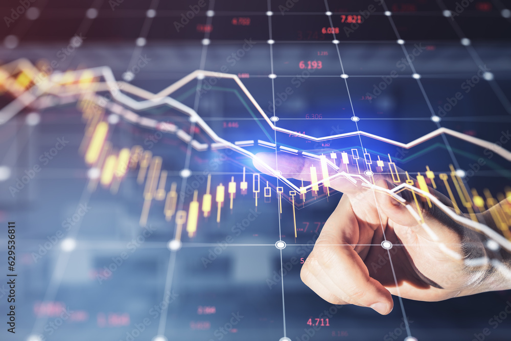 Poster Close up of businessman hand pointing at falling forex chart with index on blurry background. Crisis and declining trade concept. Double exposure.