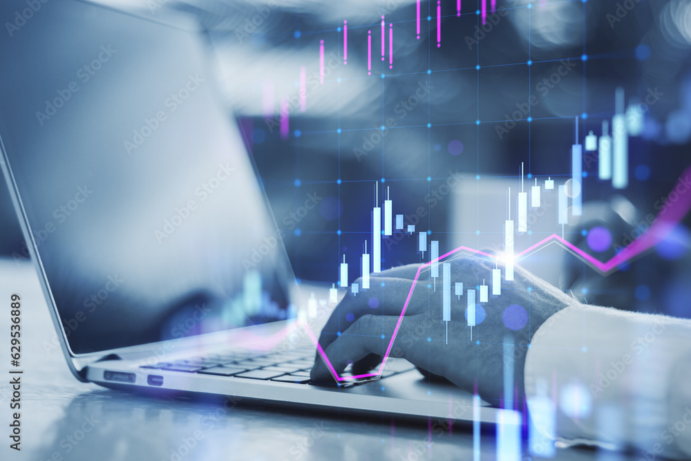 Aufkleber close up of male hands using laptop keyboard at workplace with glowing candlestick forex chart on bl