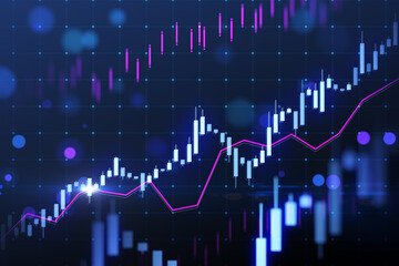 Glowing candlestick forex chart on blurry bokeh background. Technology, trade and financial data...