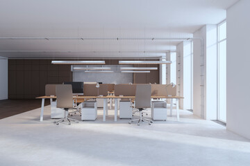Luxury wooden and concrete coworking office interior with window, daylight and furniture. 3D Rendering.