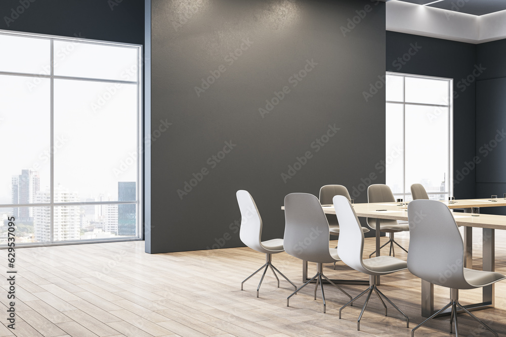 Poster contemporary meeting room interior with empty mock up place on wall, furniture and window with city 