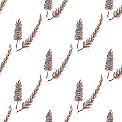 Branches with grain: wheat and rye. Vintage watercolor illustration. Seamless autumn pattern