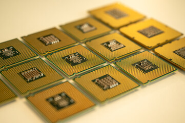 Collection of different CPUs and computer processors on a white background