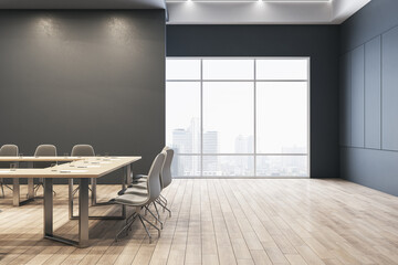 Clean meeting room interior with empty mock up place on wall, furniture and window with city view. 3D Rendering.