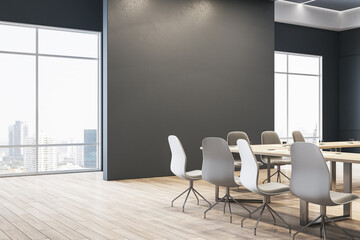 Contemporary meeting room interior with empty mock up place on wall, furniture and window with city view. 3D Rendering.