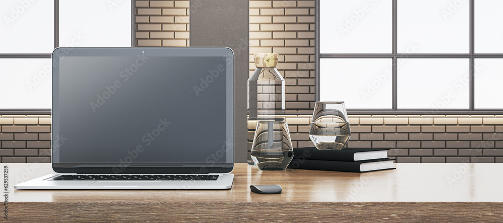 Aufkleber Close up of wide wooden designer office desk with empty computer, supplies and other objects. Blurry brick wall and window with city view in the background. Mock up, 3D Rendering.