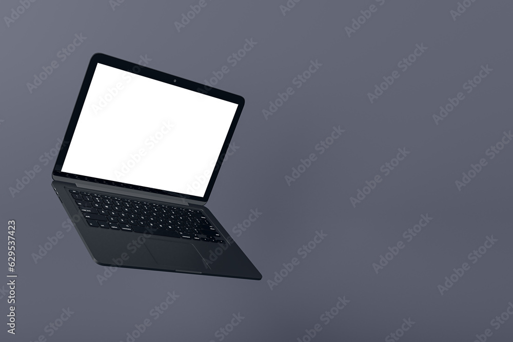 Poster Empty laptop computer monitor on light gray backdrop. Technology, mock up place and webinar advertisement concept. 3D Rendering.