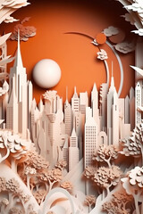 Eco-friendly futuristic city design with lots of trees in paper cut art style.