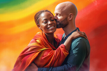 Obraz premium Joyful couple embracing under a colorful rainbow, symbolizing the beauty of love and diversity