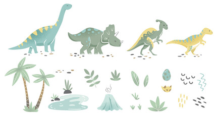 Fototapeta na wymiar Big Set of newborn green baby dinosaurs. Hand drawn brontosaurus, tyrannosaurus, and triceratops for birthday greeting cards, baby shower invitations, posters. Vector cartoon flat illustration