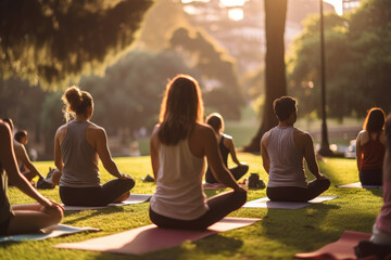 A group of people with different physical abilities participating in a summer yoga class in a park - obrazy, fototapety, plakaty