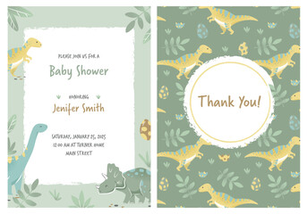 Baby shower cards, invitations, green baby dinosaurs. Hand drawn brontosaurus, tyrannosaurus, and triceratops for birthday greeting cards, posters. Vector cartoon flat illustration