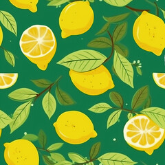 Beautiful seamless pattern yellow lemons and flowers on green background in vintage style.