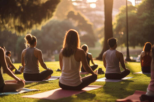 A group of people with different physical abilities participating in a summer yoga class in a park - Powered by Adobe