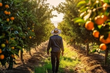 Back view of farmer harvesting oranges in an orange tree field in the sunny day. Generative Ai