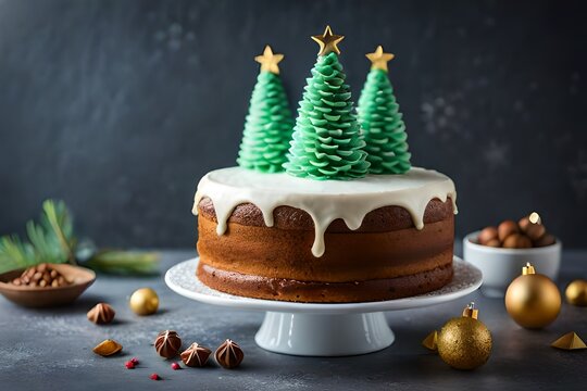 Create a high-resolution image of a delicious Christmas cake adorned with a glowing candle, capturing the warm, festive ambiance.