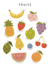 Cute Fruits, Educational fruits illustration, educational material, kids vector, kindergarten illustration, classroom poster, fruits vector, preschool design, fruits vector
