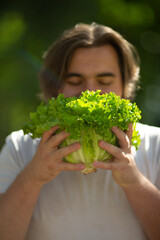 Vertical photo. Young caucasian male sniffing head of green fresh raw iceberg lettuce. Concept of summer harvest, buying farm products for healthy food, ingredient for breakfast, salad, light dinner
