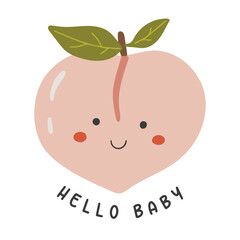 Cute peach cartoon character, Happy peach vector, Summer fruit with face, Peach isolated vector, cute baby illustration