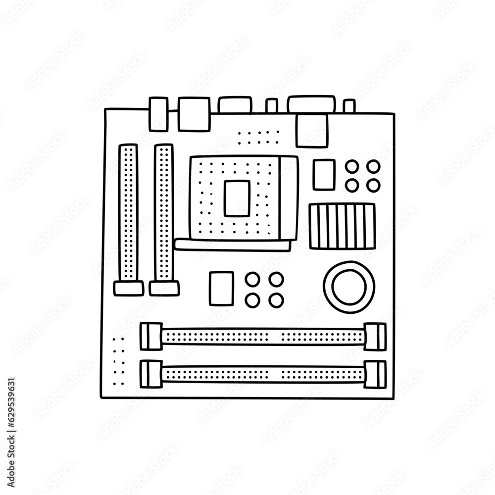 Poster computer motherboard doodle line icon illustration. linear style sign for mobile concept and web des