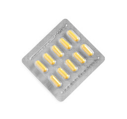 Blister of pills on white background, top view