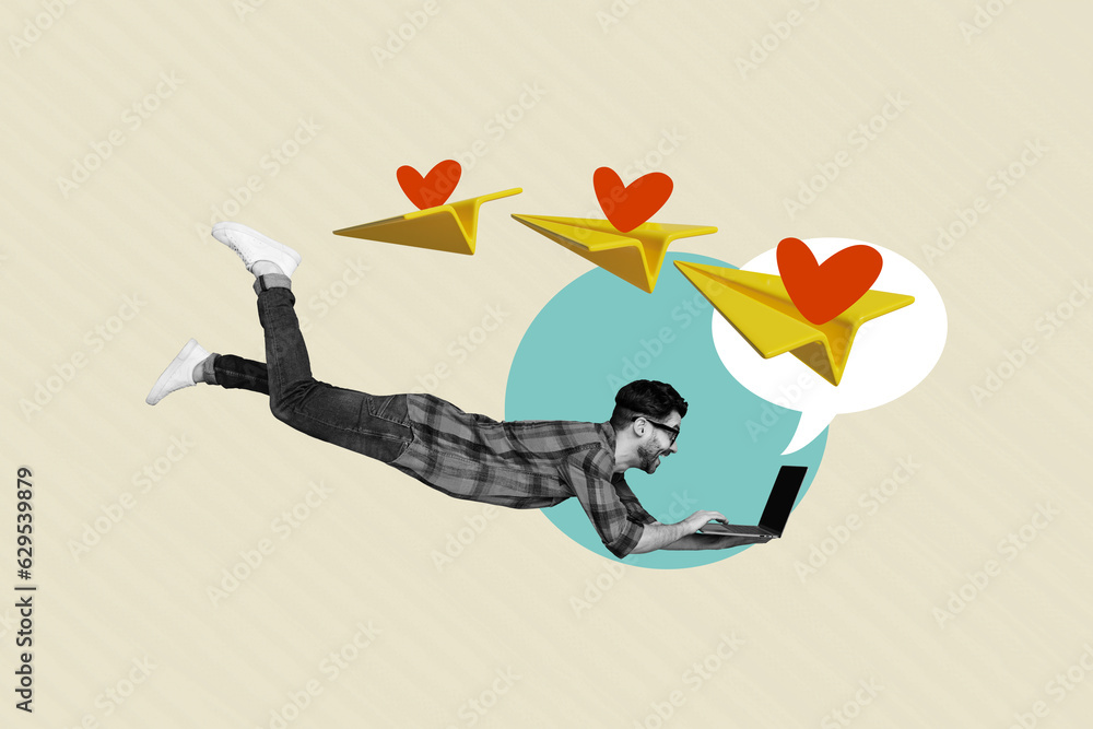 Aufkleber illustration sketch collage of funky excited guy levitate air use netbook send comments feedbacks is