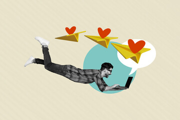Illustration sketch collage of funky excited guy levitate air use netbook send comments feedbacks...