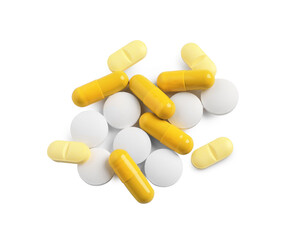 Many different pills isolated on white, top view