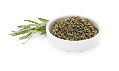 Bowl of dry tarragon and fresh leaves isolated on white