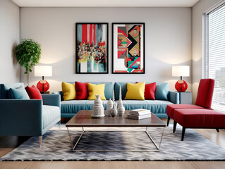 Blue sofa with colorful pillows against white wall with art posters frames. Mid-century style home interior design of modern living room.