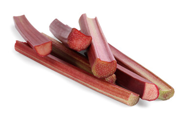 Stalks of fresh ripe rhubarb isolated on white