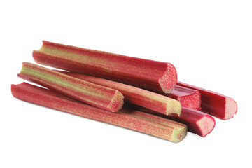 Stalks of fresh ripe rhubarb isolated on white