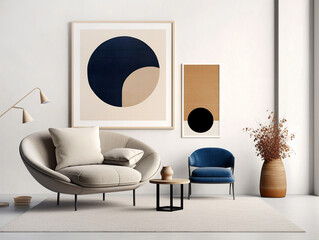 Curved loveseat sofa against white wall with frames. Scandinavian home interior design of modern living room.