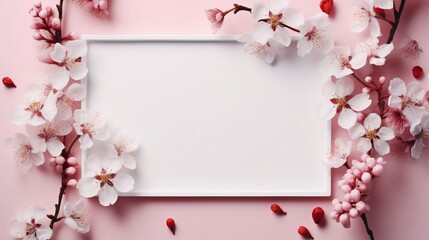 Generative AI : White product empty display with blossom flowers on pink background.