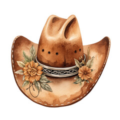 cowgirl hat with flowers watercolor clipart, western rodeo brown cap - obrazy, fototapety, plakaty