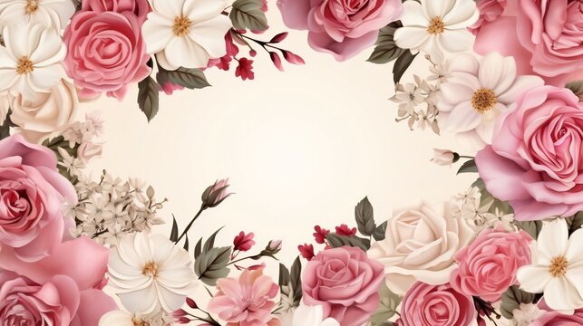 Generative AI : Blank space with Delicate Roses on pink background. Showcase for product, perfume, jewelry and cosmetic presentation