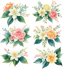 Abwaschbare Fototapete Set of Tropical Botanical Floral Leaf Watercolor Illustrations, Isolated on Transparent Background for Design Elements. AI Generetive. © emojoez
