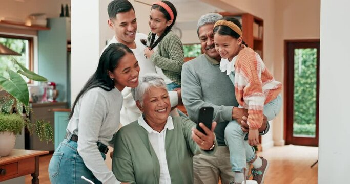 Selfie, video call and a big family laughing in a house for social media, communication or a meme. Happy, talking and parents, grandparents and children taking a photo or streaming from a phone