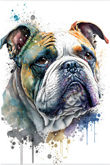 A french bulldog in watercolor art, colorful splashes, white background, detailed