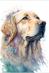 A golden retriever dog in watercolor art, colorful splahes, white background, detailed 