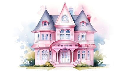 Pink watercolor style doll house. 