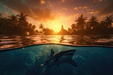 underwater and surface world. sharks against the backdrop of a vibrant coral reef teeming with marine biodiversity, with an island paradise on the surface. at sunset 