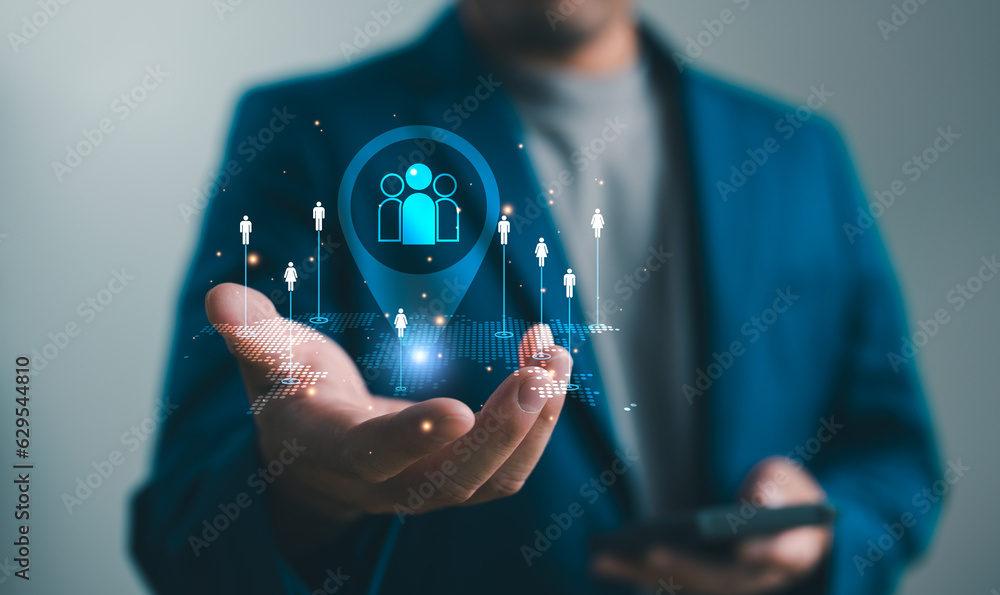 Poster crm, customer relationship management, businessman use tablet with global structure customer network
